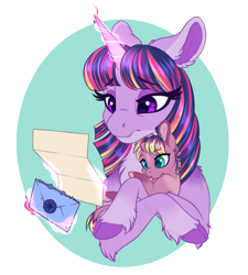 Size: 1129x1254 | Tagged: safe, artist:madspacekitty, artist:peridotkitty, derpibooru import, twilight sparkle, twilight sparkle (alicorn), oc, oc:aurora borealis, alicorn, pony, unicorn, baby, baby pony, cloven hooves, fangs, female, filly, foal, holding a pony, letter, magic, mare, mother and child, mother and daughter, offspring, parent and child, parent:compass star, parent:twilight sparkle, simple background, transparent background, unshorn fetlocks