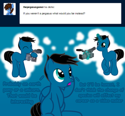 Size: 4619x4294 | Tagged: safe, artist:agkandphotomaker2000, oc, oc:pony video maker, earth pony, pegasus, pony, unicorn, ask, camera, dialogue, levitation, magic, possible scenarios, show accurate, telekinesis, thought bubble, tumblr, tumblr:pony video maker's blog, video camera, what if