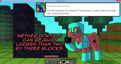 Size: 1280x682 | Tagged: safe, artist:crispokefan, oc, oc:pun, earth pony, pony, ask, ask pun, minecraft, solo