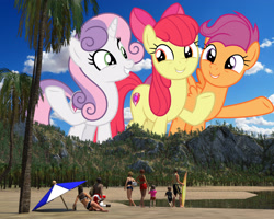 Size: 2600x2080 | Tagged: safe, artist:theotterpony, artist:timeymarey007, apple bloom, scootaloo, sweetie belle, earth pony, human, pegasus, pony, unicorn, 3d, adorabloom, beach, clothes, cute, cutealoo, cutie mark, cutie mark crusaders, daz studio, diasweetes, giant pony, giant/macro cutie mark crusaders, macro, ocean, older, older apple bloom, older cmc, older scootaloo, older sweetie belle, people, sand, smiling, story in the source, story included, swimsuit, the cmc's cutie marks
