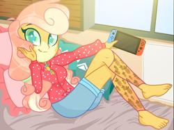 Size: 1184x884 | Tagged: safe, alternate version, artist:virumi, oc, oc only, oc:pina colada (ice1517), equestria girls, barefoot, bed, bedroom, blanket, blouse, clothes, commission, controller, equestria girls-ified, feet, female, icey-verse, joycon, leg warmers, magical lesbian spawn, nintendo, nintendo switch, offspring, parent:applejack, parent:strawberry sunrise, parents:applerise, pillow, shirt, shorts, solo, window, ych result