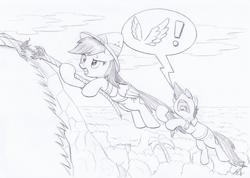 Size: 3430x2440 | Tagged: safe, artist:xeviousgreenii, daring do, quibble pants, earth pony, pegasus, monochrome, newbie artist training grounds, rope, scare, speech bubble, sweat, sweatdrop, wings