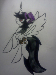 Size: 480x640 | Tagged: safe, artist:kitistrasza, oc, oc:metalica gears, alicorn, alicorn oc, hat, horn, long tail, purple hat, solo, traditional art, wings