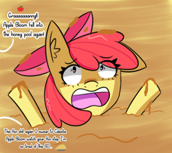 Size: 1844x1648 | Tagged: safe, artist:artiks, apple bloom, pony, atg 2020, dialogue, female, filly, food, honey, implied applejack, newbie artist training grounds, quicksand, sinking, solo, vulgar