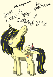 Size: 2121x3065 | Tagged: safe, artist:mlplayer dudez, oc, oc only, oc:lynx, pegasus, pony, birthday, cake, candle, cel shading, chest fluff, digital art, ear fluff, food, happy, happy birthday, hat, hoof fluff, party hat, piercing, shading, signature, simple background, smiling, solo, standing, wing hands, wings