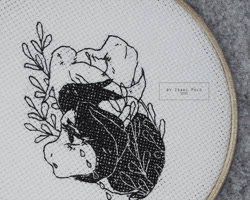 Size: 1250x1000 | Tagged: safe, artist:ipoloarts, oc, pegasus, pony, black and white, bust, commission, cross stitch, crossstitching, crying, embroidery, finished commission, grayscale, handmade, monochrome, needlework, portrait, sad, solo, ych example, ych result, your character here