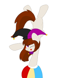 Size: 1378x1378 | Tagged: safe, oc, oc only, pegasus, pony, april fools, beach ball, bells, clown pony, hand stand, hat, hoof stand, jester hat, jester pony, simple background, solo, transparent background