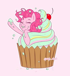 Size: 816x886 | Tagged: safe, artist:pinkyydoodles, derpibooru import, pinkie pie, earth pony, pony, cupcake, eating, eyes closed, food, solo