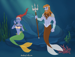 Size: 820x620 | Tagged: safe, artist:azaleasdolls, editor:jdueler11, meadowbrook, rockhoof, mermaid, equestria girls, female, fins, male, mermaid maker, mermaid tail, mermaidized, merman, mermanized, rockbrook, shipping, species swap, straight, trident, underwater