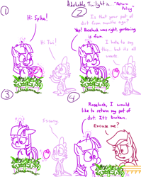 Size: 4779x6013 | Tagged: safe, artist:adorkabletwilightandfriends, derpibooru import, roseluck, spike, twilight sparkle, twilight sparkle (alicorn), alicorn, dragon, earth pony, pony, comic:adorkable twilight and friends, adorkable, adorkable twilight, broken, comic, cute, dork, female, garden, gardening, glowing horn, happy, horn, humor, magic, male, mare, pot, return, sad, shop, slice of life, store, telekinesis, twiabetes, weeds