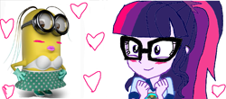 Size: 1267x555 | Tagged: artist needed, safe, derpibooru import, sci-twi, twilight sparkle, human, equestria girls, 1000 hours in ms paint, crack shipping, cringing, crossover, crossover shipping, cursed image, cute, female, heart, humanized, i drew this myself, lesbian, minion, minions, quality, shipping, shipping domino, simple background, wat, white background, why does this exist