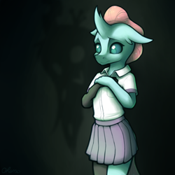Size: 2000x2000 | Tagged: safe, artist:ohemo, ocellus, anthro, changedling, changeling, atg 2020, clothes, cute, diaocelles, female, high res, newbie artist training grounds, school uniform, skirt, solo