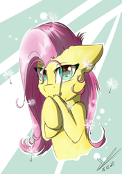 Size: 1200x1700 | Tagged: safe, artist:yuris, derpibooru import, fluttershy, pegasus, pony, abstract background, bust, cute, dandelion, female, floppy ears, hoof fluff, hooves to the chest, looking at you, mare, portrait, shoulder fluff, shy, shyabetes, smiling, solo, stray strand, three quarter view