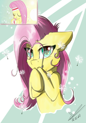 Size: 1200x1700 | Tagged: safe, artist:yuris, derpibooru import, fluttershy, pegasus, pony, hurricane fluttershy, abstract background, bust, cute, dandelion, ear fluff, female, floppy ears, hoof fluff, hooves to the chest, looking at you, mare, portrait, scene interpretation, screencap reference, shoulder fluff, shy, shyabetes, smiling, solo, stray strand, three quarter view