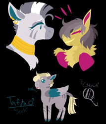 Size: 1200x1400 | Tagged: safe, artist:lepiswerid, daring do, zecora, oc, oc:tafuta, hybrid, pegasus, pony, zebra, zony, baby, baby pony, baby zony, black background, blue eyes, cutie mark, daringcora, ear piercing, earring, female, interspecies offspring, jewelry, lesbian, lesbian couple, lineless, magical lesbian spawn, male, marsverse, neck rings, offspring, parent:daring do, parent:zecora, parents:daringcora, piercing, pink eyes, redesign, shipping, simple background, stripes