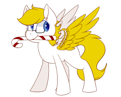 Size: 1000x800 | Tagged: safe, artist:jetjetj, oc, oc only, oc:gizmo gears, pegasus, pony, amputee, artificial wings, augmented, blonde, blue eyes, candy, candy cane, female, food, glasses, mare, pegasus oc, prosthetic limb, prosthetic wing, prosthetics, solo, white coat, wings