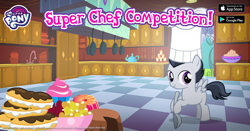 Size: 1200x630 | Tagged: safe, rumble, advertisement, chef's hat, cupcake, eclair, facebook, food, gameloft, hat, hoof hold, jello, kitchen, official, solo, spoon
