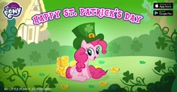 Size: 1200x630 | Tagged: safe, derpibooru import, pinkie pie, earth pony, pony, clover, coin, facebook, four leaf clover, gameloft, gold, green, hat, holiday, official, saint patrick's day, shamrock, solo, top hat