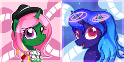 Size: 1024x512 | Tagged: safe, artist:puetsua, oc, oc only, oc:satora, pony, unicorn, bust, female, hat, heart eyes, mare, portrait, starry eyes, wingding eyes