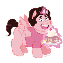 Size: 1800x1800 | Tagged: safe, artist:alexyorim, alicorn, pony, cake, comparison, crossover, draw this again, food, levitation, magic, open mouth, ponified, redraw, smiling, steven quartz universe, steven universe, telekinesis, together breakfast