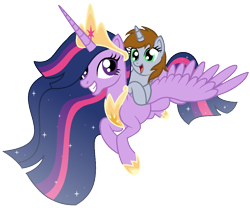 Size: 1046x870 | Tagged: safe, artist:mlptmntdisneykauane, derpibooru import, princess twilight 2.0, twilight sparkle, twilight sparkle (alicorn), oc, oc:littlepip, alicorn, pony, fallout equestria, the last problem, crown, cute, duo, female, filly, flying, jewelry, looking at each other, mare, ocbetes, older, older twilight, pipabetes, regalia, simple background, smiling, transparent background, twiabetes, ultimate twilight, wings