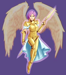 Size: 1896x2160 | Tagged: safe, artist:justpony, derpibooru import, fluttershy, human, armor, female, humanized, solo, spear, weapon, winged humanization, wings