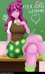 Size: 727x1196 | Tagged: safe, artist:clouddg, cheerilee, equestria girls, breasts, chalkboard, chestilee, classroom, crossed legs, female, legs, looking at you, school, sitting, solo