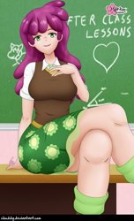 Size: 727x1196 | Tagged: safe, alternate version, artist:clouddg, cheerilee, human, equestria girls, breasts, chestilee, classroom, clothes, crossed legs, human coloration, legs, skirt, thighs