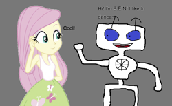 Size: 1039x639 | Tagged: safe, artist:sonicsuperstar1991, fluttershy, robot, equestria girls, 1000 hours in ms paint, b.e.n, clothes, crossover, dancing, gray background, remake, simple background, watching