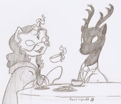 Size: 784x673 | Tagged: safe, artist:ravenpuff, oc, oc:mr. noc, oc:wing feathers, deer, pony, cup, magic, mask, monochrome, teacup, traditional art