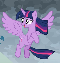 Size: 743x779 | Tagged: safe, derpibooru import, screencap, twilight sparkle, twilight sparkle (alicorn), alicorn, the ending of the end, cropped, flying, hooves together, looking back, open mouth, solo, spread wings, windswept mane, windswept tail, wings