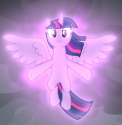 Size: 600x611 | Tagged: safe, derpibooru import, screencap, twilight sparkle, twilight sparkle (alicorn), alicorn, the ending of the end, cropped, floating, glow, looking at you, magic, magic of friendship, smiling, solo, spread wings, wings