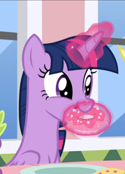 Size: 598x835 | Tagged: safe, derpibooru import, screencap, twilight sparkle, twilight sparkle (alicorn), alicorn, pony, the ending of the end, cropped, cute, donut, eating, female, food, glowing horn, horn, levitation, magic, mare, nom, sitting, solo, telekinesis, twiabetes