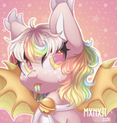 Size: 909x950 | Tagged: safe, artist:mxnxii, oc, oc:puffle, bat pony, pony, bell, bell collar, bust, collar, female, mare, portrait, solo, tongue out