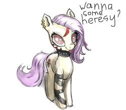 Size: 889x779 | Tagged: safe, artist:justpony, derpibooru import, fluttershy, pegasus, pony, alternate hairstyle, choker, chokershy, cultist chan, ear piercing, earring, heresy, jewelry, mlem, piercing, punk, reference, silly, simple background, solo, spiked choker, tongue out, warhammer (game), warhammer 40k, white background