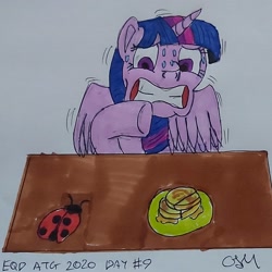 Size: 1816x1816 | Tagged: safe, artist:rapidsnap, derpibooru import, twilight sparkle, twilight sparkle (alicorn), alicorn, insect, ladybug, coccinellidaephobia, food, gritted teeth, quesadilla, scared, shaking, sweat, sweatdrops, traditional art, turophobia