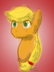 Size: 359x480 | Tagged: safe, artist:funakounasoul, derpibooru import, applejack, earth pony, pony, bust, missing hat, simple background