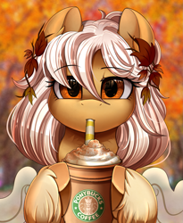 Size: 1443x1764 | Tagged: safe, artist:pridark, oc, oc:autumna, pegasus, pony, beautiful, bust, coffee, commission, drinking, female, looking at you, mare, portrait, pretty, scenery, solo, starbucks, straw, tree