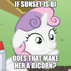 Size: 500x500 | Tagged: safe, edit, edited screencap, screencap, sweetie belle, pony, unicorn, ponyville confidential, caption, cropped, exploitable meme, female, filly, floppy ears, hoof on chin, horn, image macro, impact font, implied bisexual, implied sunset shimmer, meme, obligatory pony, solo, sudden clarity sweetie belle, text, two toned mane, white coat, wide eyes