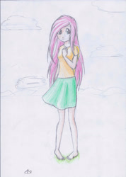 Size: 2069x2898 | Tagged: safe, artist:hanaatori, derpibooru import, fluttershy, human, barefoot, feet, female, humanized, solo, traditional art