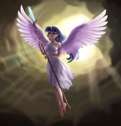 Size: 4598x4800 | Tagged: safe, artist:racoonsan, derpibooru import, edit, twilight sparkle, twilight sparkle (alicorn), alicorn, human, my little pony: the movie, absurd resolution, alicorn humanization, anime, barefoot, clothes, feet, female, flying, horn, horned humanization, humanized, scene interpretation, sfw edit, solo, spread wings, staff, staff of sacanas, winged humanization, wings