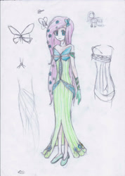 Size: 2068x2899 | Tagged: safe, artist:hanaatori, derpibooru import, fluttershy, human, clothes, dress, female, flower, flower in hair, gala dress, humanized, solo, traditional art