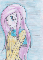 Size: 2068x2900 | Tagged: safe, artist:hanaatori, derpibooru import, fluttershy, human, clothes, female, humanized, scarf, solo, sweater, sweatershy, traditional art