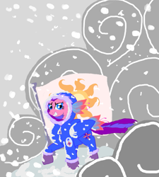 Size: 963x1072 | Tagged: safe, artist:bibliodragon, north star (g1), pony, g1, clothes, cloud, flag, g1 to g4, generation leap, snow, snowsuit