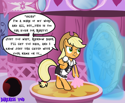 Size: 2114x1736 | Tagged: safe, artist:darktailsko, derpibooru import, applejack, earth pony, pony, applejack's hat, apron, bipedal, clothes, commission, cowboy hat, dress, duster, female, freckles, hat, implied rainbow dash, implied rarity, lip bite, lost bet, maid, mare, solo, speech bubble, watermark