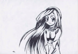 Size: 2932x2045 | Tagged: safe, artist:hanaatori, derpibooru import, fluttershy, human, black and white, female, grayscale, humanized, monochrome, solo, traditional art