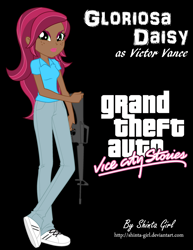 Size: 2552x3300 | Tagged: safe, artist:shinta-girl, part of a set, gloriosa daisy, equestria girls, assault rifle, black background, clothes, commission, cosplay, costume, crossed legs, crossover, dark skin, deviantart, digital art, female, freckles, full body, grand theft auto, green eyes, gta vice city stories, gun, high res, human coloration, jeans, left handed, lights, lipstick, looking at you, machine gun, makeup, neon, neon sign, outfit, pants, parody, reference, rifle, serious, serious face, shirt, shoes, signature, simple background, sneakers, solo, standing, trigger discipline, victor vance, video game, video game crossover, video game reference, weapon