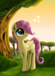 Size: 3250x4500 | Tagged: safe, alternate version, artist:darksly, derpibooru import, fluttershy, butterfly, pegasus, pony, blank flank, bush, eye reflection, female, filly, filly fluttershy, folded wings, grass, hair over one eye, looking at something, looking up, outdoors, reflection, smiling, solo, standing, three quarter view, tree, wings, younger