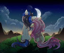 Size: 2598x2126 | Tagged: safe, artist:alus, derpibooru import, fluttershy, oc, oc:forestar, pegasus, pony, unicorn, canon x oc, cloud, cute, evening, flutterstar, love, moon, mountain, my little pony, night, outdoors, shipping, shyabetes, sky, stars