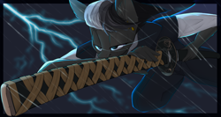 Size: 3000x1600 | Tagged: safe, artist:chapaevv, oc, oc only, oc:shadow dash, anthro, bat pony, clothes, commission, katana, lightning, male, sky, solo, sword, weapon, ych result